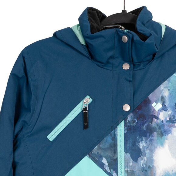 Obermeyer Youth Jacket Teen XL 18 Insulated Winter Jacket Blue Teal Floral Hood - Picture 2 of 7